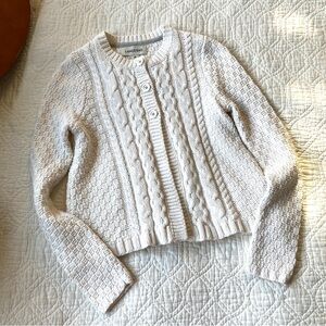 Land's End White Cream Girls Cable Knit 3 Button Cardigan Sweater Size M 10-12